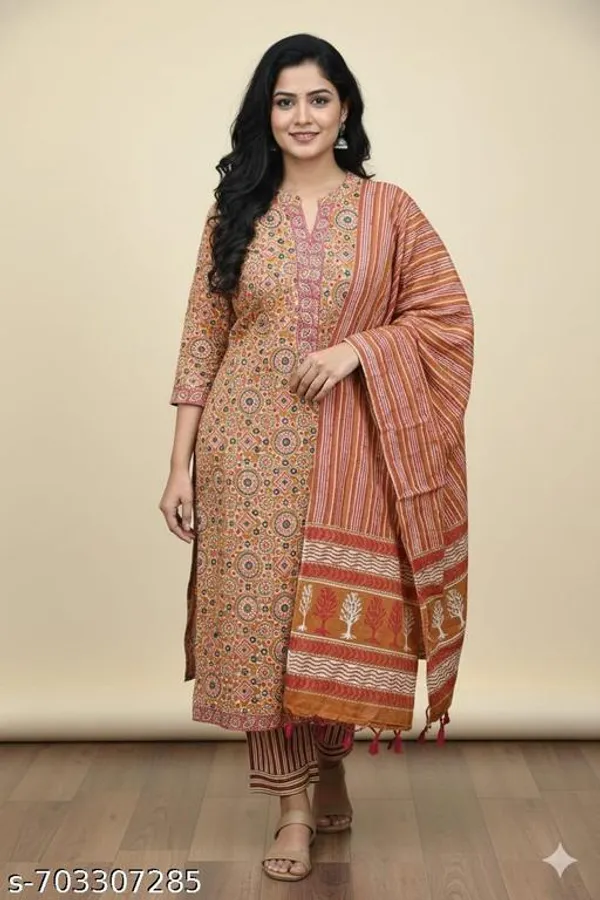 Rust_Cotton_Stitched_Kurti_With_Bottomwear_For_Women