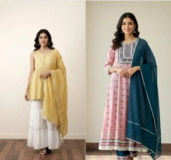 Pack_Of_2_-_Multicolor_And_Yellow_Cotton_Stitched_Kurti_With_Bottomwear_For_Women