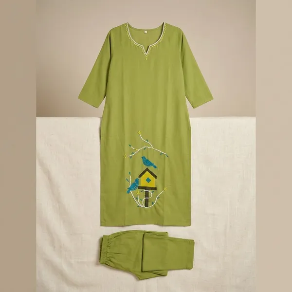 Olive_Cotton_Stitched_Kurti_With_Bottomwear_For_Women