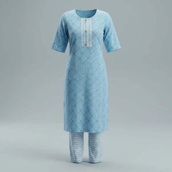 Pack_Of_2_-_Blue_And_Dark_Green_Cotton_Stitched_Kurti_With_Bottomwear_For_Women