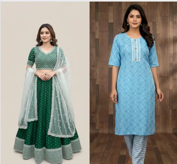 Pack_Of_2_-_Blue_And_Dark_Green_Cotton_Stitched_Kurti_With_Bottomwear_For_Women