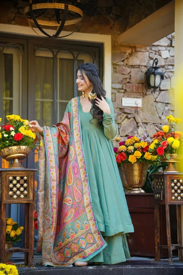 Green_Modal_Silk_Flowy_Anarkali_Kurti_Set_For_Women