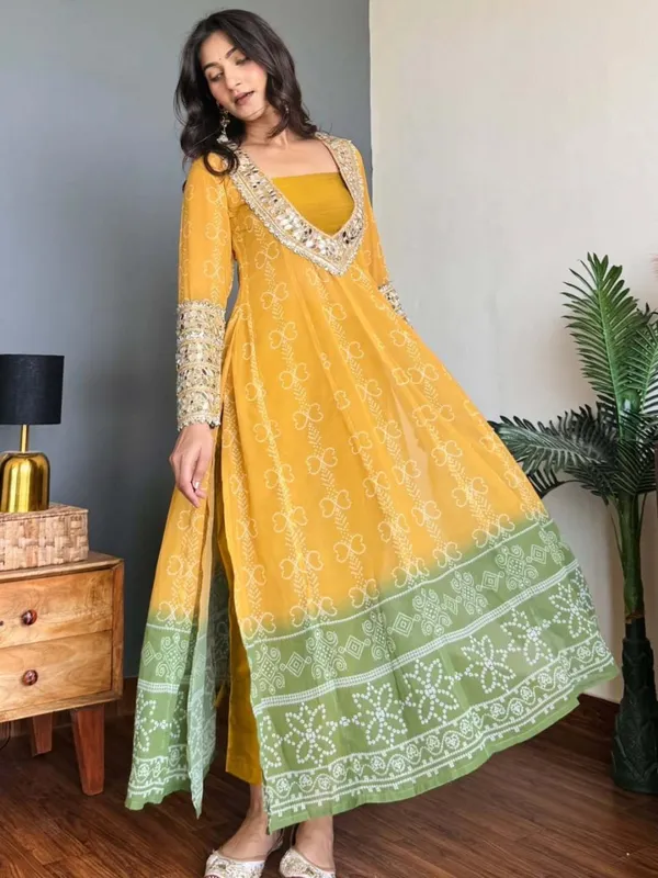 Mustard_Yellow_Green_Faux_Georgette_Mirror_Work_Kurti_Set_For_Women