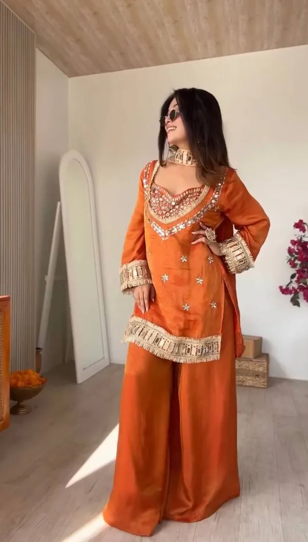 Rust_Orange_Mirror_Work_Kurti_Sharara_Set_With_Blouse