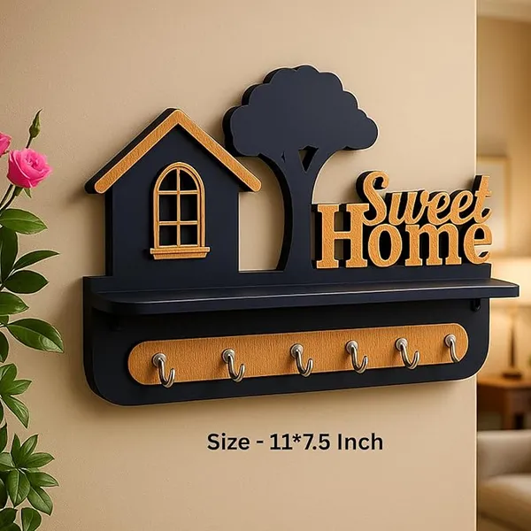 Black_Premium_3d_Wooden_Key_Holder_With_6_Stainless_Steel_Hooks_Wall_Decor_For_Living_Room_And_Entryway