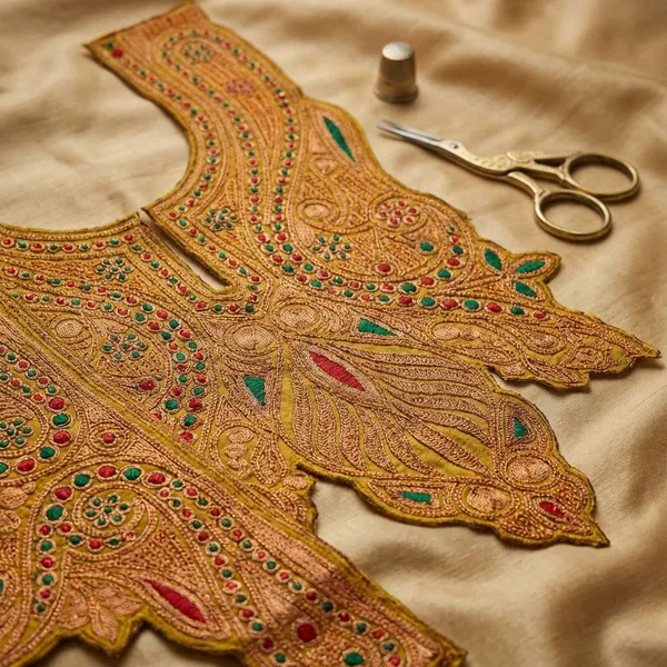 Mustard_And_Copper_Tilla_And_Zari_Premium_And_Elegant_Neck_Design_For_Women_And_Girls