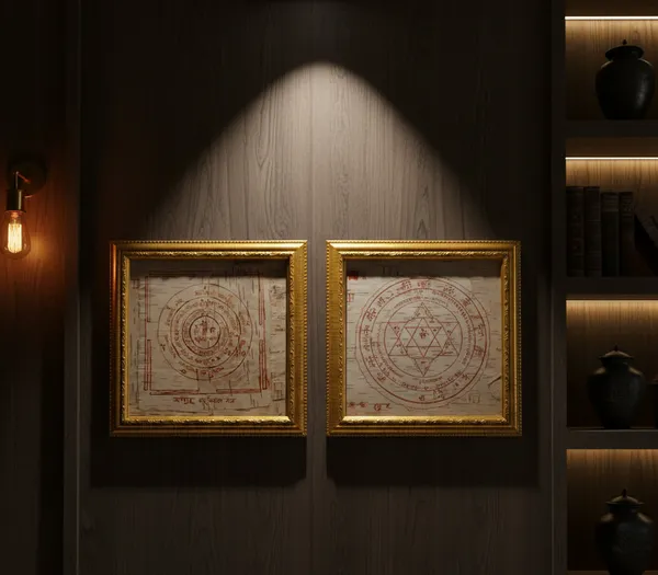 RAjyog_Padprapti_Golden_Surya_And_Chandra_Yantra_On_Bhojpatra_In_Wooden_Frame_Pack_Of_2