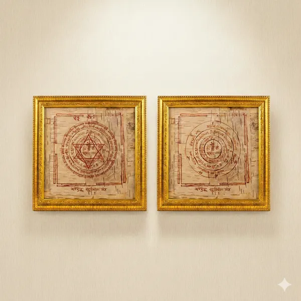 RAjyog_Padprapti_Golden_Surya_And_Chandra_Yantra_On_Bhojpatra_In_Wooden_Frame_Pack_Of_2