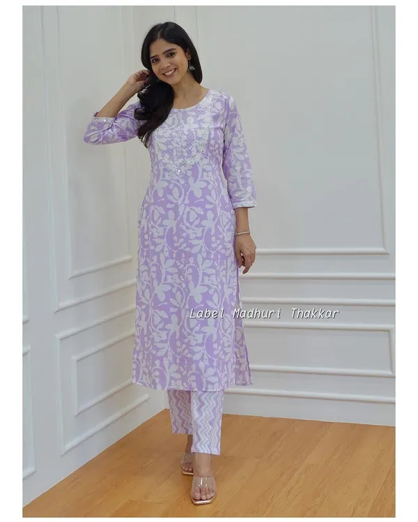 Lavender_Printed_Embroidered_Rayon_Kurti_Pant_Set