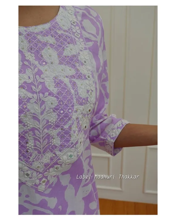 Lavender_Printed_Embroidered_Rayon_Kurti_Pant_Set
