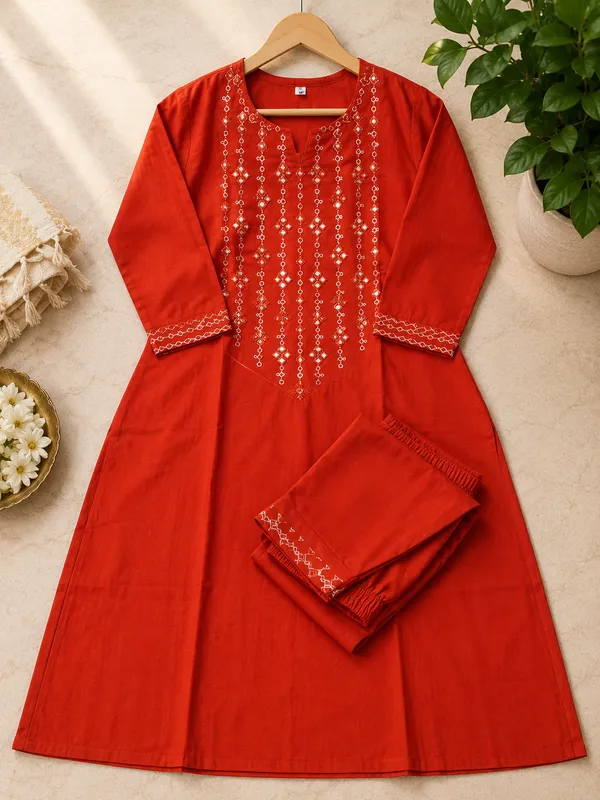 Rangnoor_Rust_Bloom_Embroidered_Cotton_Kurta_Pant_Set