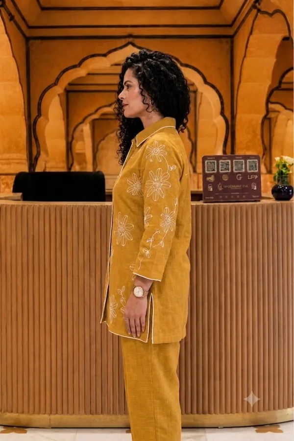 Rangnoor_Mustard_Cotton_Slub_Embroidered_Kurta_Pant_Co-ord_Set