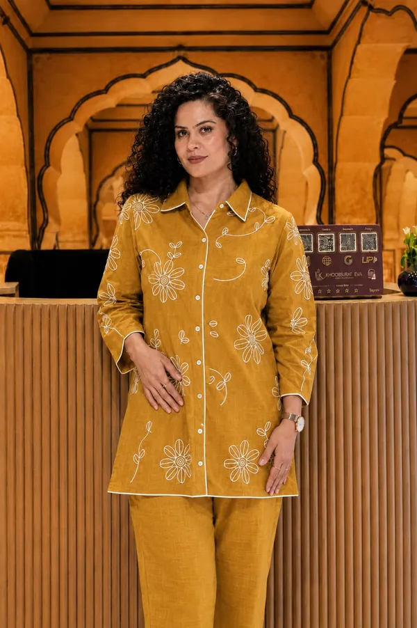 Rangnoor_Mustard_Cotton_Slub_Embroidered_Kurta_Pant_Co-ord_Set