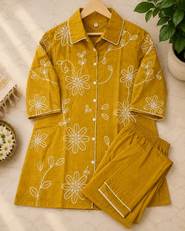 Rangnoor_Mustard_Cotton_Slub_Embroidered_Kurta_Pant_Co-ord_Set