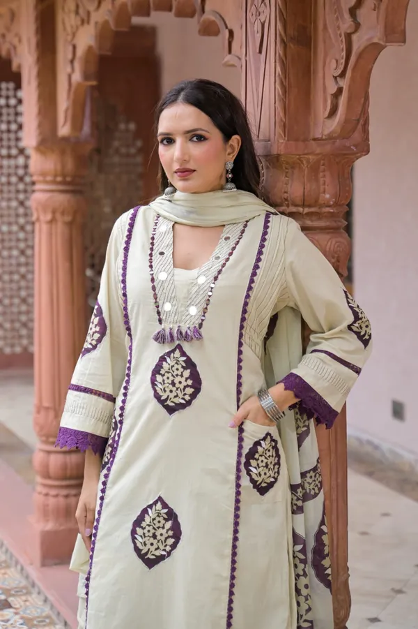 Women's_Cream_Cotton_A-Line_Kurta_Set_with_Purple_Dupatta