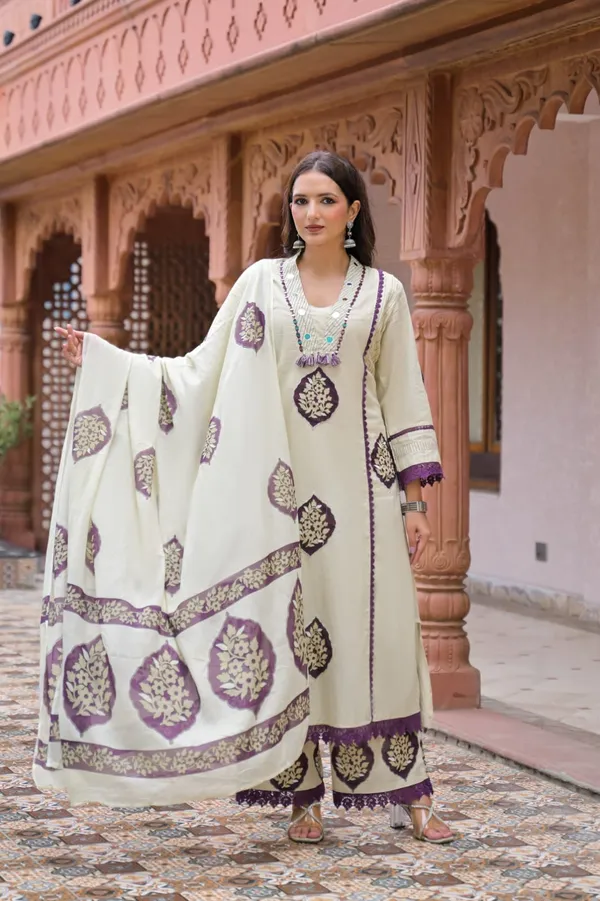 Women's_Cream_Cotton_A-Line_Kurta_Set_with_Purple_Dupatta