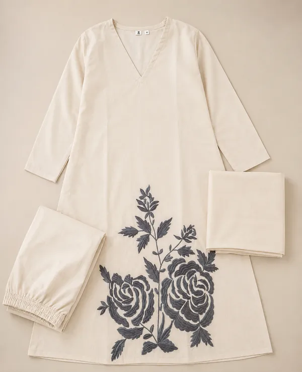 Rangnoor_Women's_Cream_Cotton_Embroidered_Kurta_Pant_Set_with_Dupatta