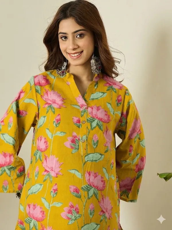 Rangnoor_Women's_Mustard_Yellow_Floral_Printed_Cotton_Kurta_with_Farshi_Salwar_Set