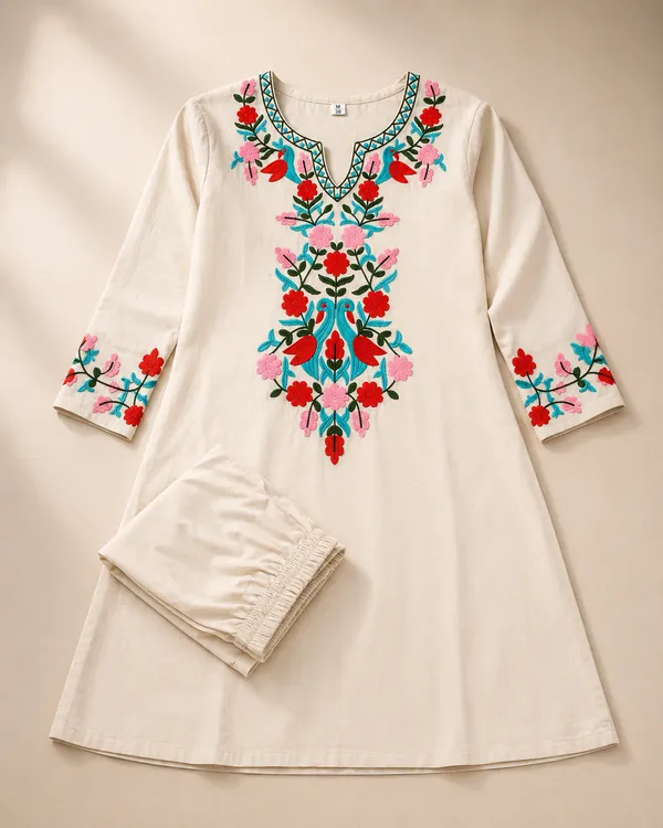 Rangnoor_Women's_Cream_Cotton_Embroidered_Kurta_Pant_Set