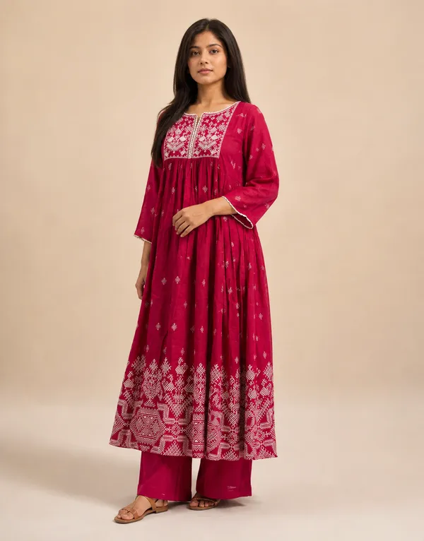 Rangnoor_Women's_Magenta_A-Line_Printed_Cotton_Kurta_Palazzo_Set_with_Embroidered_Neck