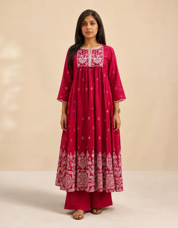Rangnoor_Women's_Magenta_A-Line_Printed_Cotton_Kurta_Palazzo_Set_with_Embroidered_Neck