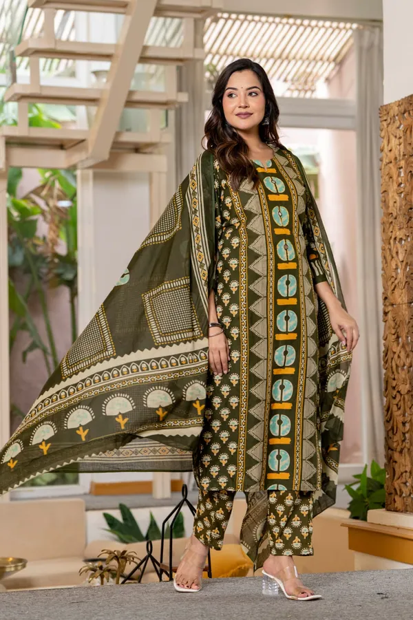 Women's_Olive_Green_Printed_Cotton_Suit_Set_with_Mirror_Work