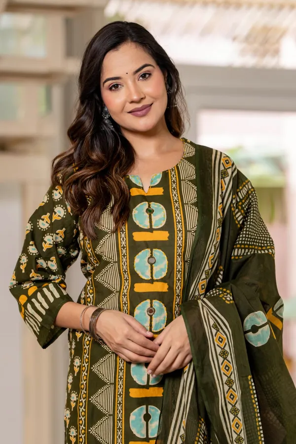 Women's_Olive_Green_Printed_Cotton_Suit_Set_with_Mirror_Work