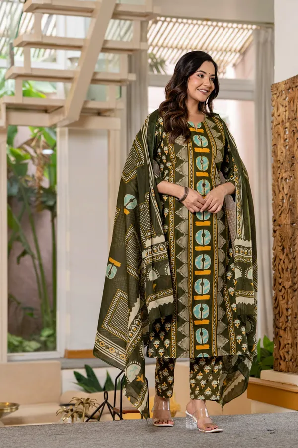 Women's_Olive_Green_Printed_Cotton_Suit_Set_with_Mirror_Work