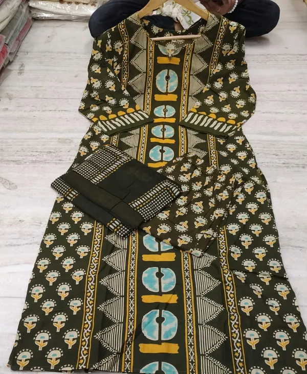 Women's_Olive_Green_Printed_Cotton_Suit_Set_with_Mirror_Work