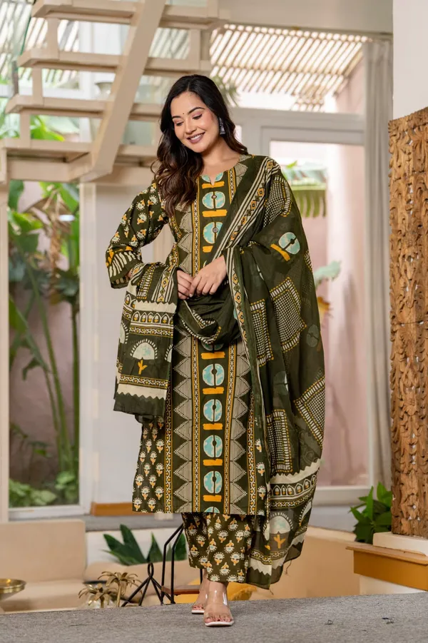 Women's_Olive_Green_Printed_Cotton_Suit_Set_with_Mirror_Work