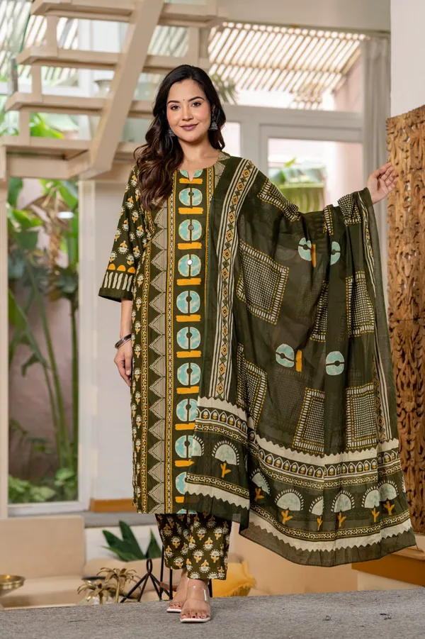Women's_Olive_Green_Printed_Cotton_Suit_Set_with_Mirror_Work