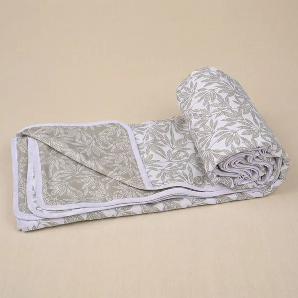 Light_Brown_And_White_100%_Cotton_Cambric_Ac_Dohar_With_Small_Leaves_Pattern