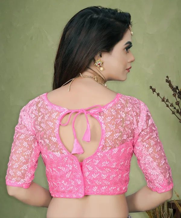 Baby_Pink_And_Beige_Net_Embroidered_Round_Neck_Padded_Blouse_For_Women(Pack_Of_2)