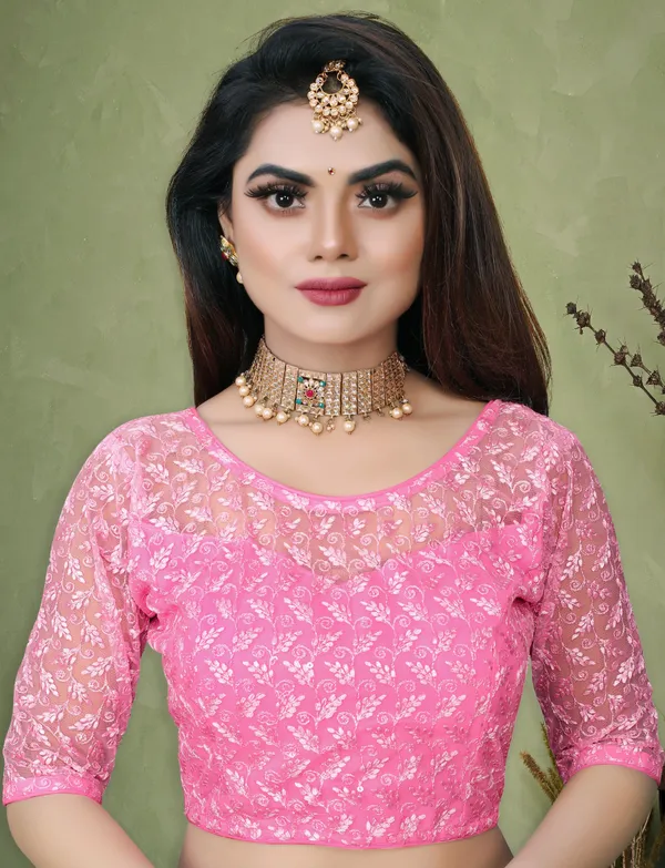 Baby_Pink_And_Beige_Net_Embroidered_Round_Neck_Padded_Blouse_For_Women(Pack_Of_2)