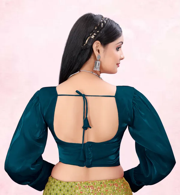 Teal_Blue_Cotton_Silk::Pure_Silk_Back_Hook_Solid_Padded_Blouse_For_Women
