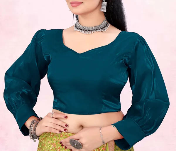 Teal_Blue_Cotton_Silk::Pure_Silk_Back_Hook_Solid_Padded_Blouse_For_Women
