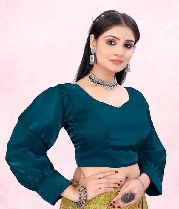 Teal_Blue_Cotton_Silk::Pure_Silk_Back_Hook_Solid_Padded_Blouse_For_Women