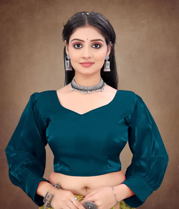 Teal_Blue_Nylon_Back_Hook_Solid_Padded_Blouse_For_Women
