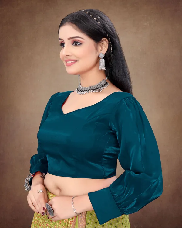 Teal_Blue_Nylon_Back_Hook_Solid_Padded_Blouse_For_Women