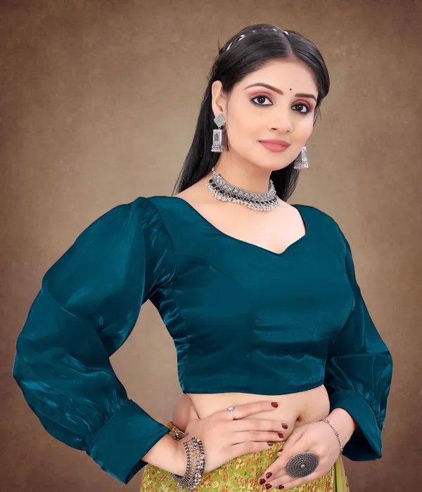 Teal_Blue_Nylon_Back_Hook_Solid_Padded_Blouse_For_Women