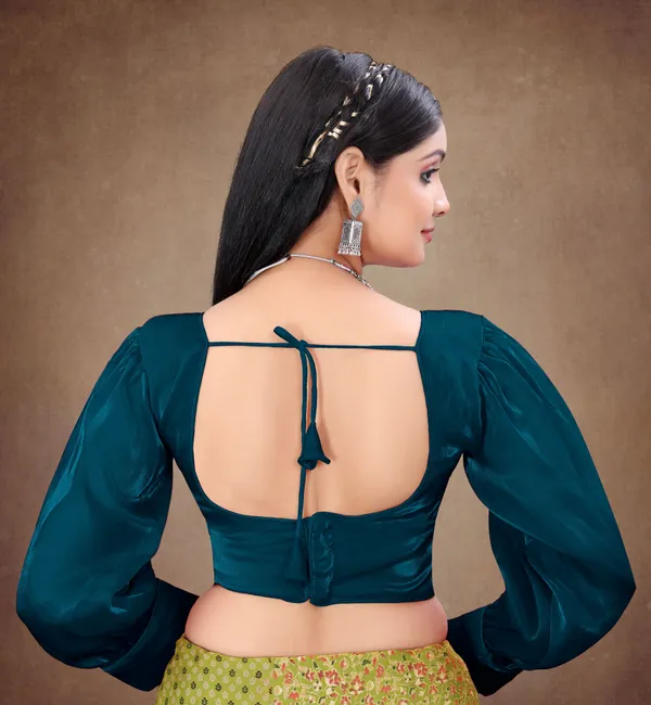 Teal_Blue_Nylon_Back_Hook_Solid_Padded_Blouse_For_Women