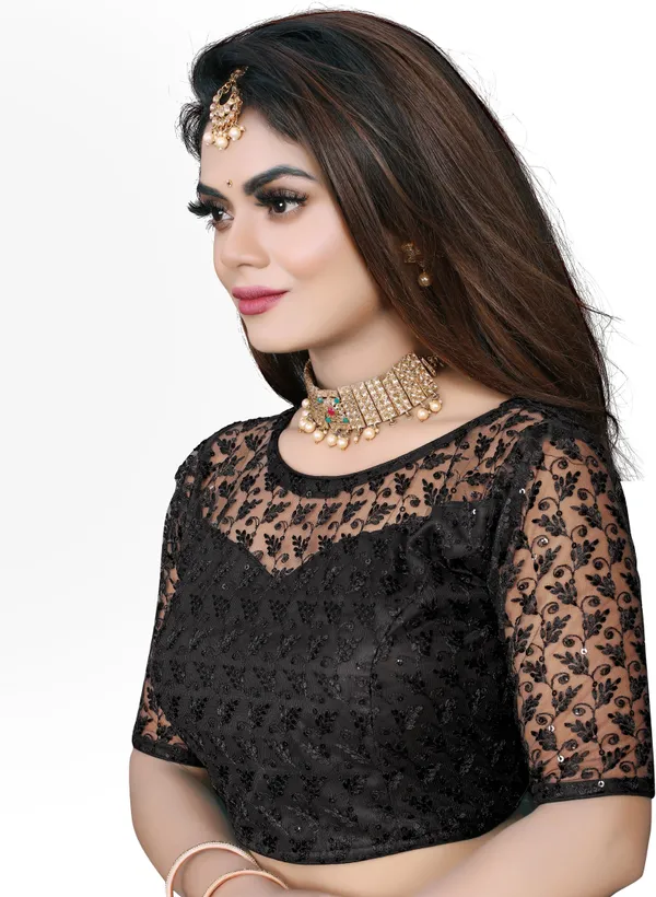 Dark_Blue_And_Black_Net_Self_Design_Round_Neck_Padded_Blouse_For_Women(Pack_of_2)