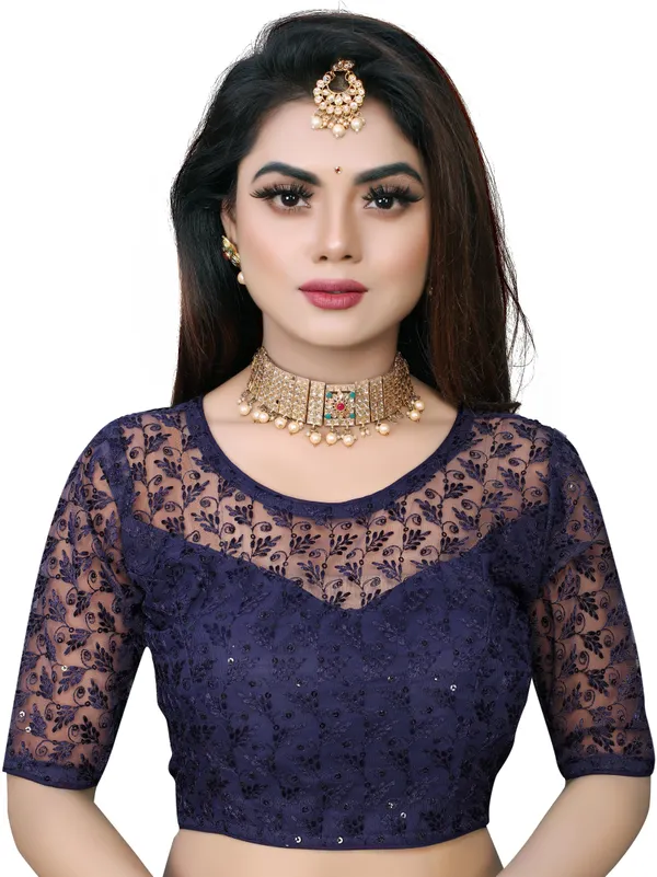 Dark_Blue_And_Black_Net_Self_Design_Round_Neck_Padded_Blouse_For_Women(Pack_of_2)