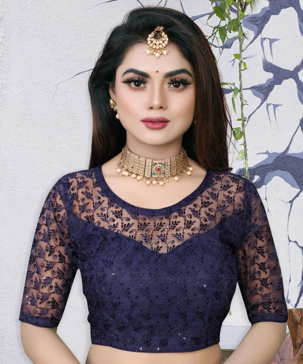 Dark_Blue_And_Green_Net_Self_Design_Round_Neck_Padded_Blouse_For_Women(Pack_of_2)