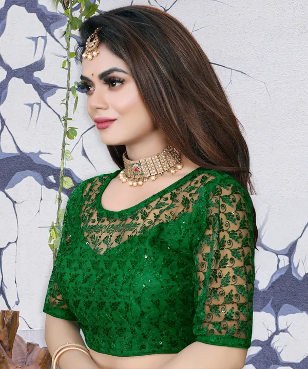 Dark_Blue_And_Green_Net_Self_Design_Round_Neck_Padded_Blouse_For_Women(Pack_of_2)