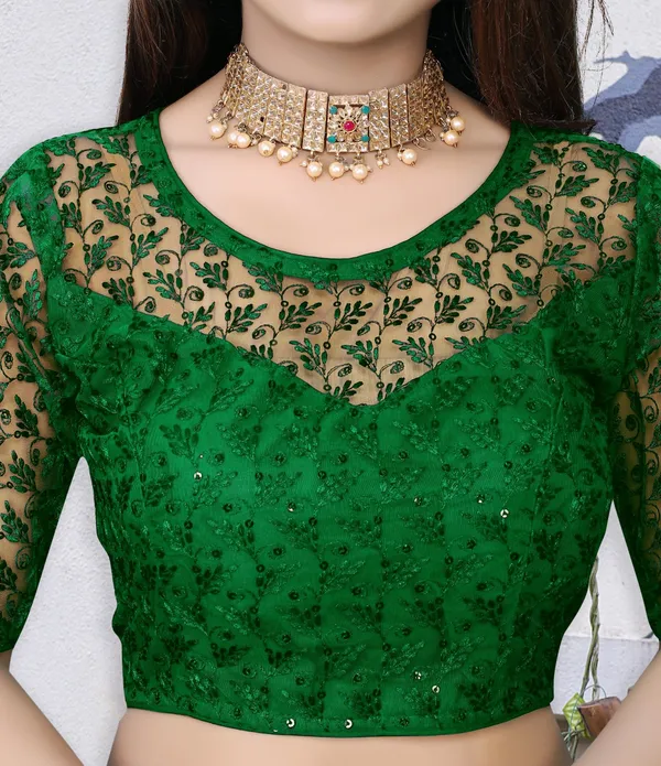 Dark_Blue_And_Green_Net_Self_Design_Round_Neck_Padded_Blouse_For_Women(Pack_of_2)