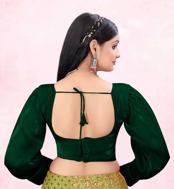 Green_Cotton_Silk::Pure_Silk_Back_Hook_Solid_Padded_Blouse_For_Women