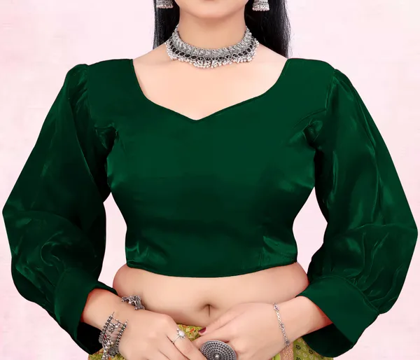 Green_Cotton_Silk::Pure_Silk_Back_Hook_Solid_Padded_Blouse_For_Women
