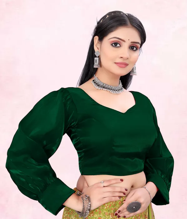 Green_Cotton_Silk::Pure_Silk_Back_Hook_Solid_Padded_Blouse_For_Women