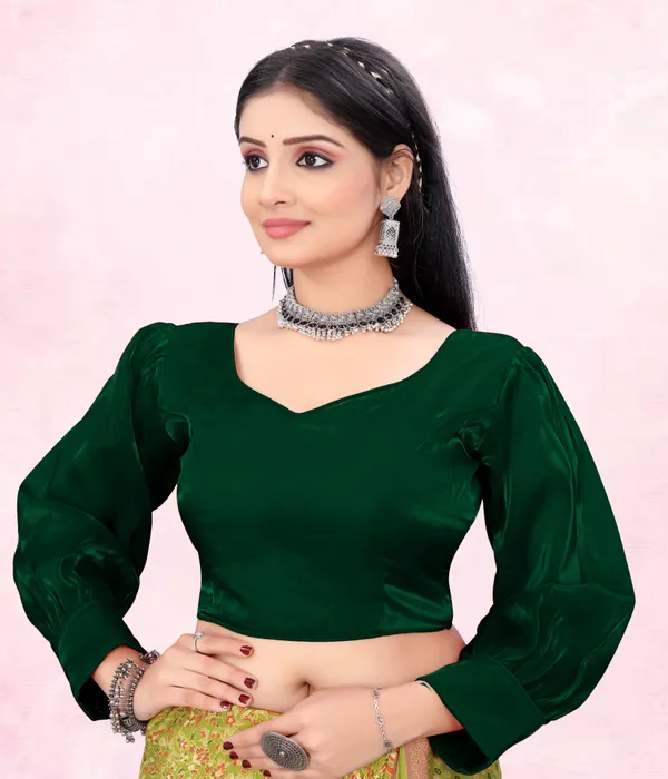 Green_Cotton_Silk::Pure_Silk_Back_Hook_Solid_Padded_Blouse_For_Women